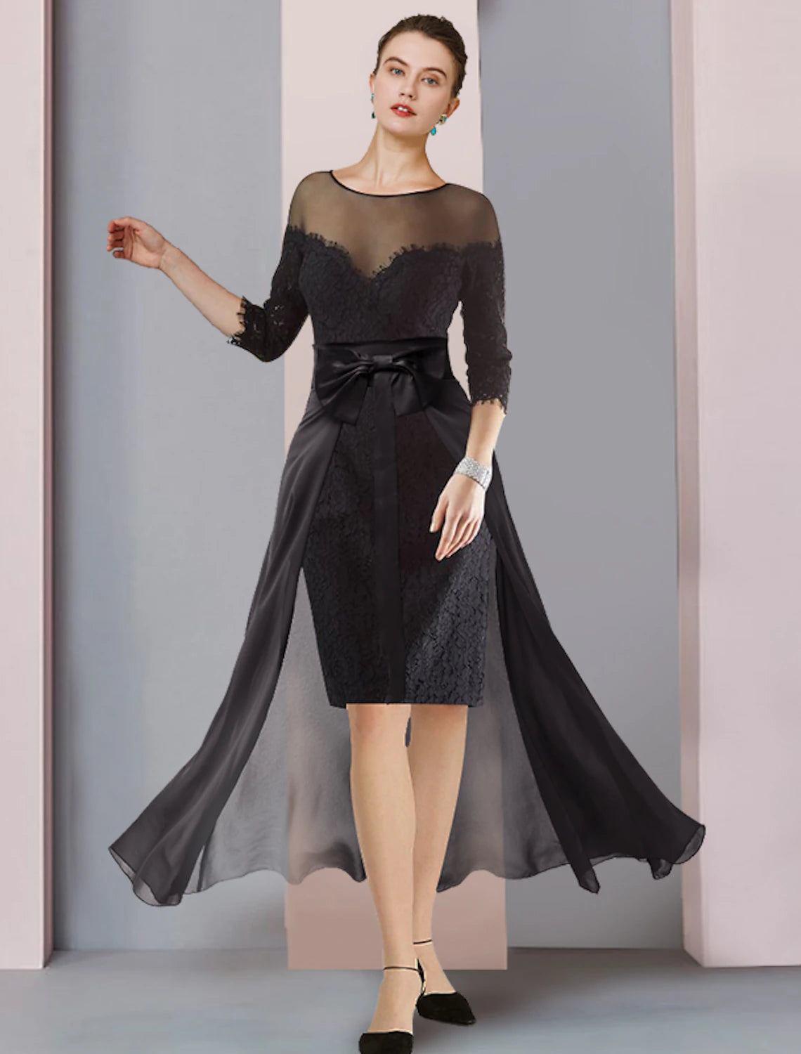 Luolandi Two Piece Sheath / Column Mother of the Bride Dress Formal Wedding Guest Elegant detachable Scoop Neck Knee Length Chiffon Lace 3/4 Length Sleeve with Bow(s)